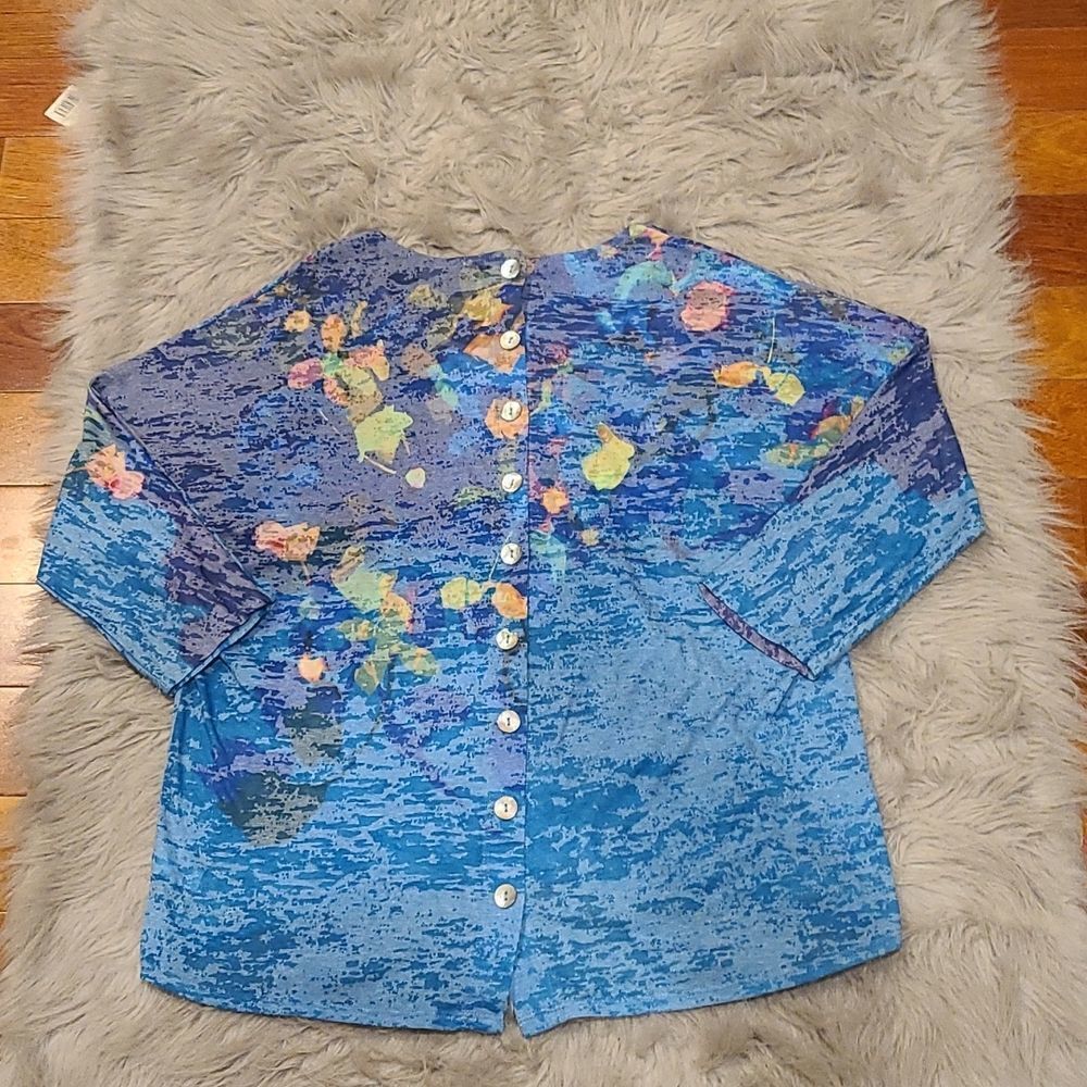Coldwater creek womens blue quarter sleeve sheer floral shirt with button back - Picture 5 of 7